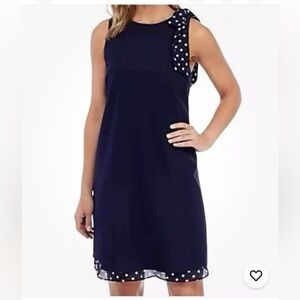 New Tahari Navy Polka Dot Bow Crepe Shift Dress
